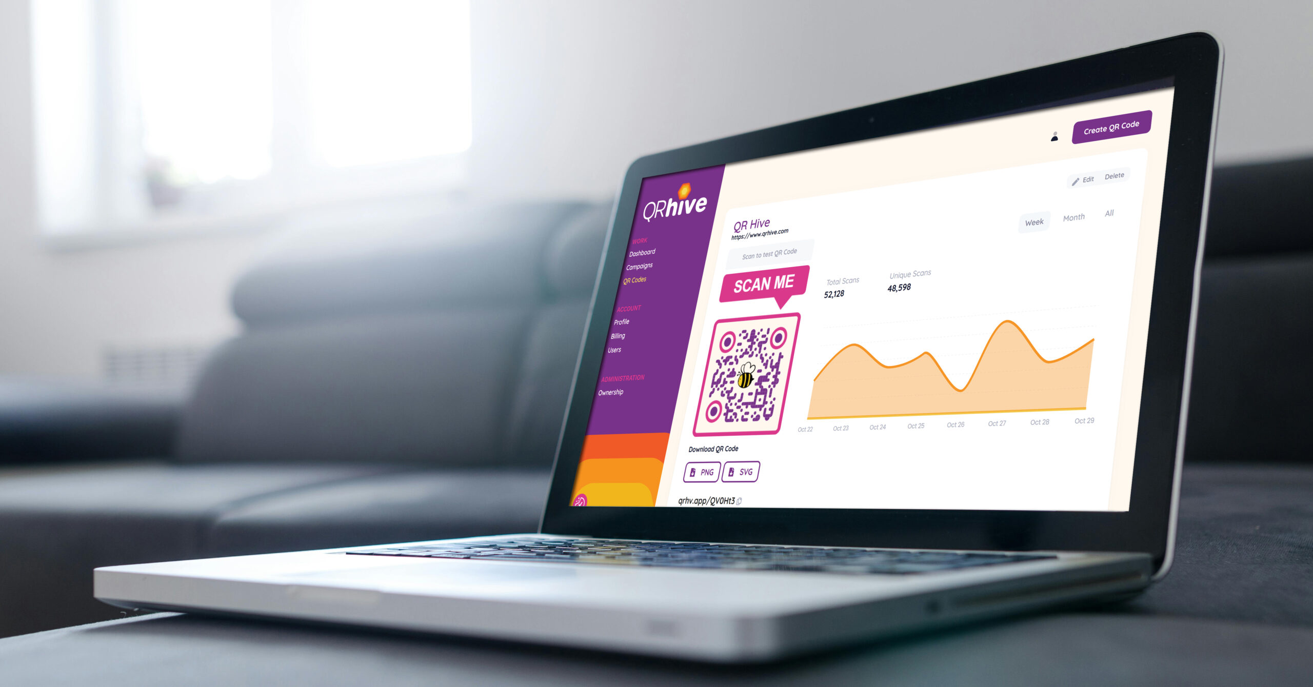 Laptop Sitting on a desk with a colorful QR Hive desktop showing a QR Code along with an analytic chart.