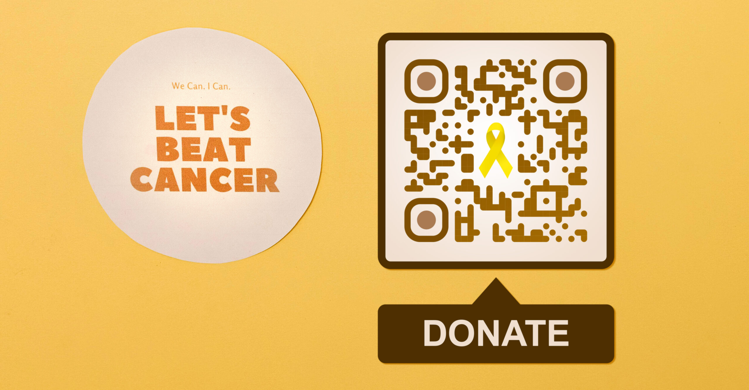 Image that has a "We Can, I Can Let's Beat Cancer sign next to a QR Code with the text 'DONATE'