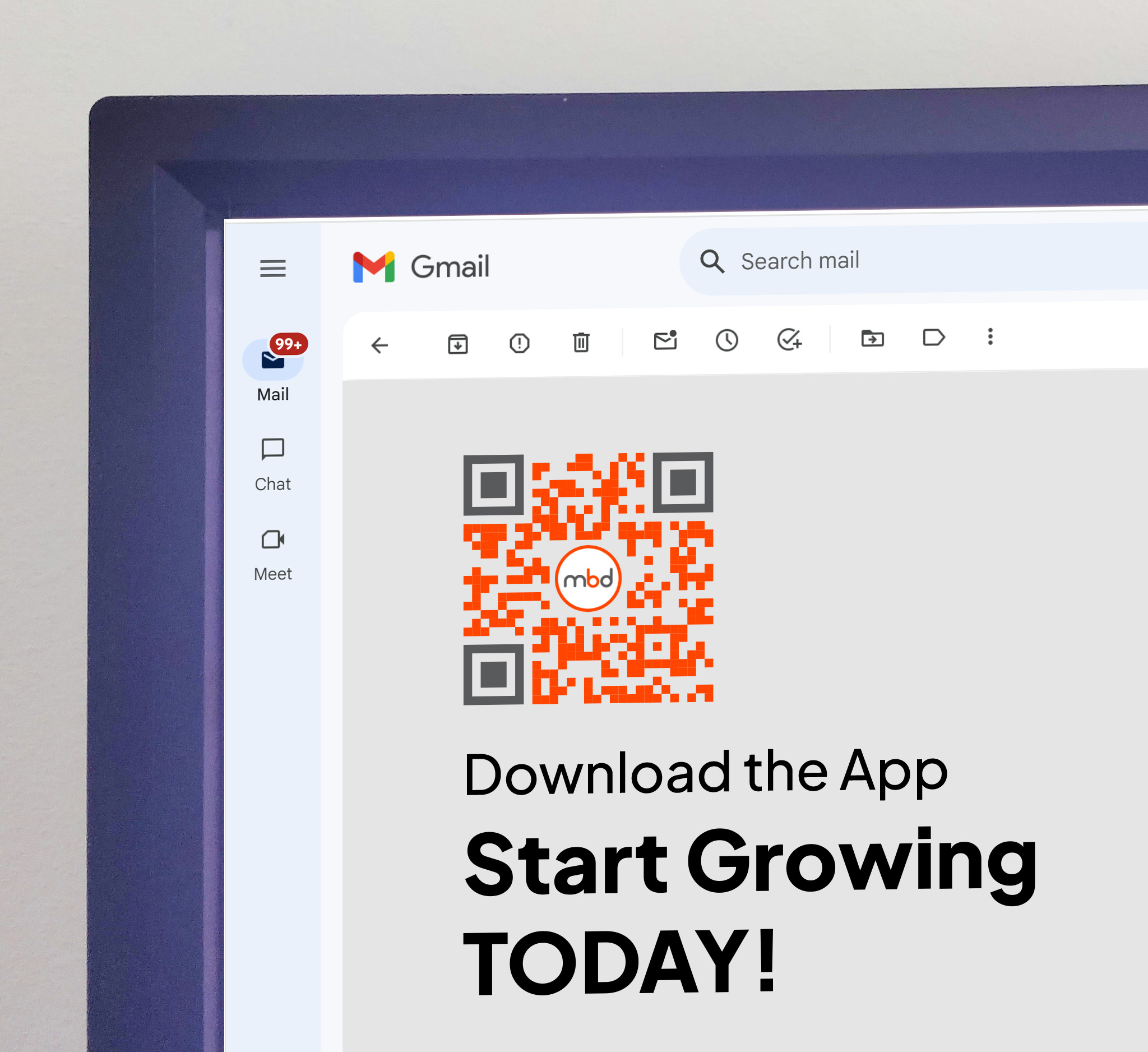 QR Code email Marketing with a QR Code pointing to a link that sends user to a mobile app download.