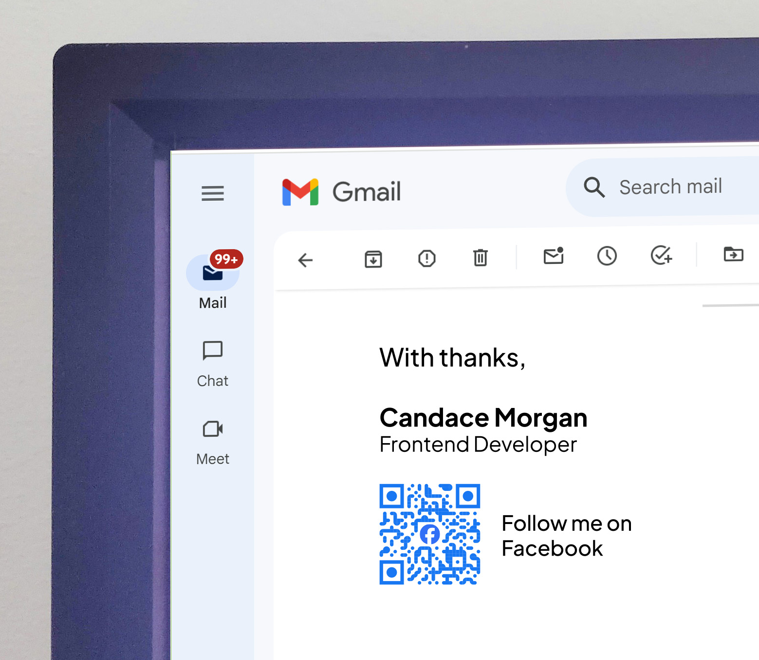 Gmail on desktop screen with QR Code link in the email signature linked to the sender's facebook page.