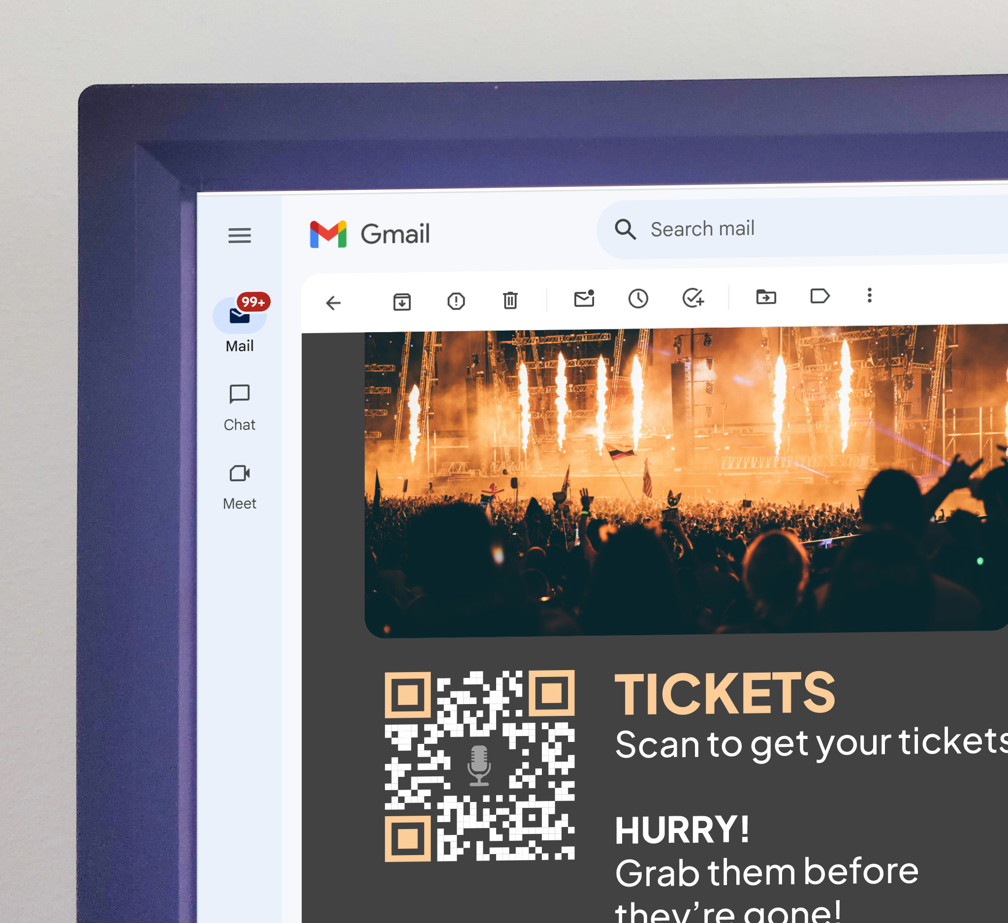 Email mockup using a QR Code to direct users to buy tickets.