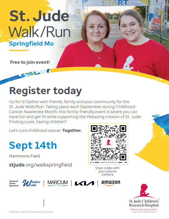 St. Jude Walk / Run event poster with QR Code to the Fundraiser registration page.